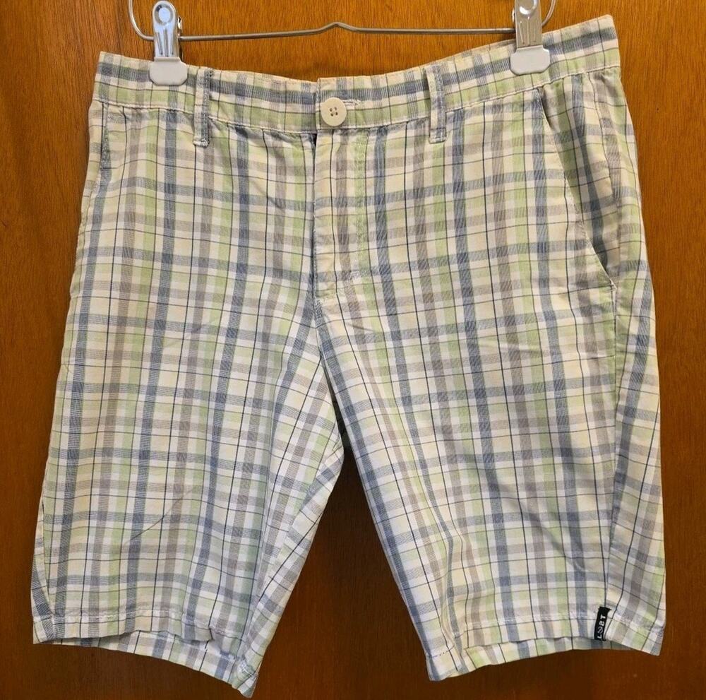 Lost Enterprises Men's Chino Shorts Green & Blue Flat Front Sz 32 Vintage Y2K